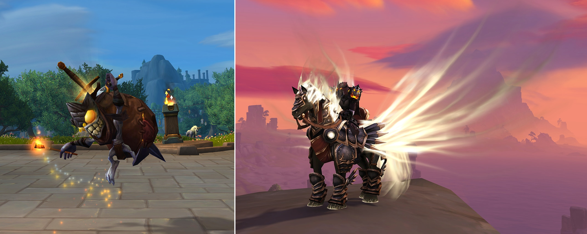 A split image with a dancing treasure goblin on the left - a crazed, impish goblin with huge yellow eyes and a large leather treasure sack, dancing outside Dornogal. On the right is Inarius&apo; Charger - a an armoured steed with long, ethereal wings in the same style as Tyrael&apo;s Charger, but with a brown tint. It stands on a rock in the Dragon Isles, against a rich sunset sky.